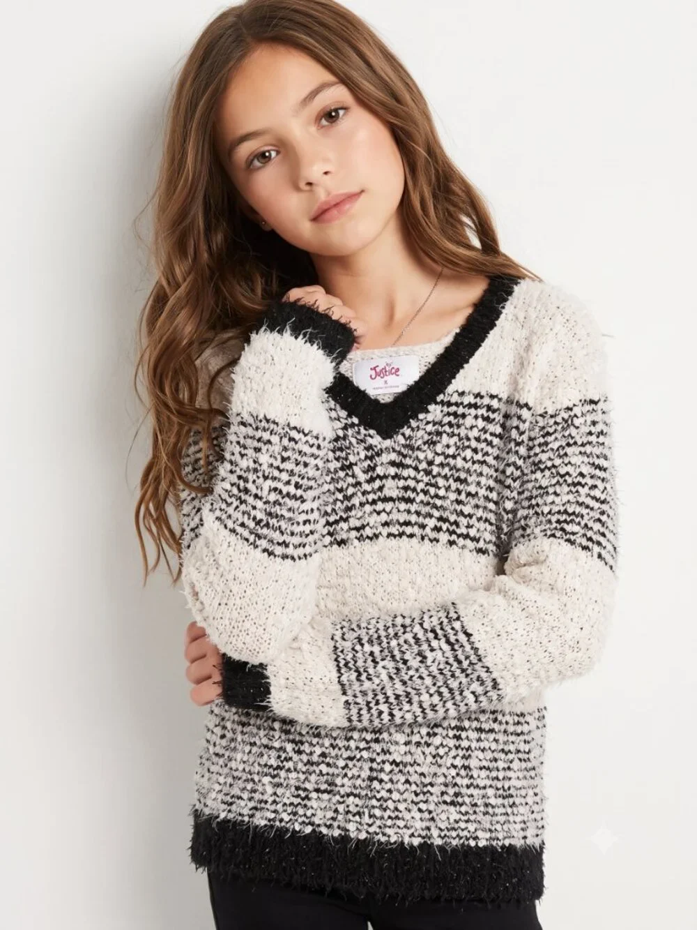 Justice Girls Hooded Sweater Black White Stripes V Neck Size 8